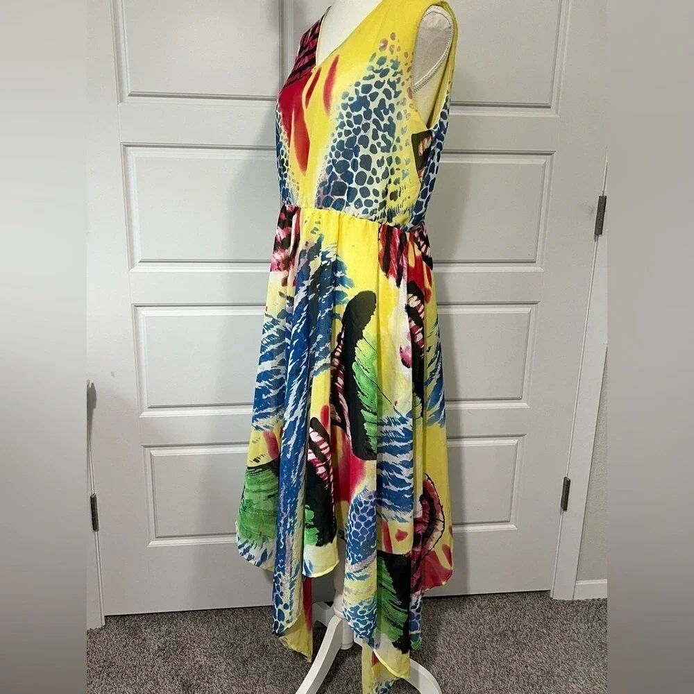 EY Signature Abstract Print Maxi Dress Colorful Sleeveless V Neck Flowy Size LG‎